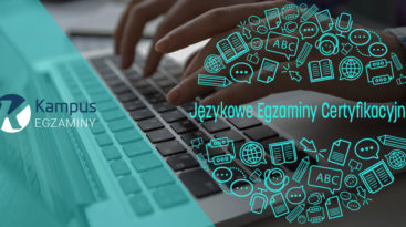 Logo platformy Kampus-egzaminy i tekst: Językowe Egzaminy Certyfikacyjne